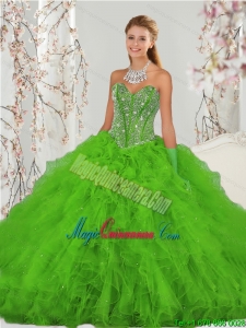 2015 Popular and New style Beading and Ruffles Spring Green Sweet 15 Dresses