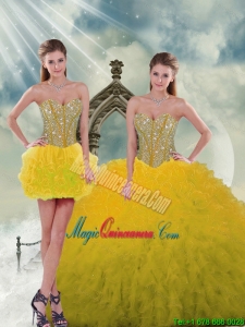 2015 Spring Yellow Sweet 15 Dresses with Beading and Ruffles