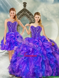 Luxurious Beading and Ruffles Quince Dresses in Purple and Blue for 2015