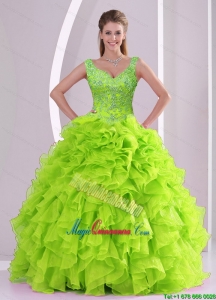 New Arrival and Luxury Beading and Ruffles Quince Dresses in Green
