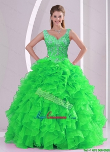 Wonderful and New style Beading and Ruffles Spring Green Quinceanera Dresses