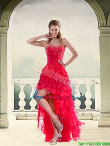 New Arrival Coral Red Ball Gown Strapless Dama Dresses with Ruffles and Beading