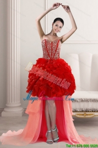 2015 New Arrival High Low Dama Dresses with Beading and Ruffles