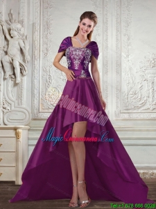 Discount High Low Strapless Embroidery Dark Purple Dama Dresses for 2015