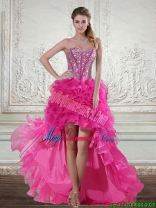 Discount Hot Pink High Low Sweetheart Dama Dresses with Beading and Ruffled Layers