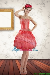 Discount Strapless Coral Red Dama Gown with Ruffled Layers