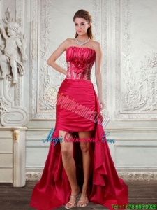 High Low Discount Strapless Ruffles Coral Red Dama Dresses with Hand Made Flower