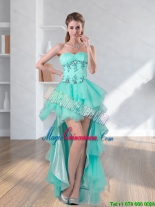 High Low Discount Turquoise Sweetheart Dama Dresses with Embroidery