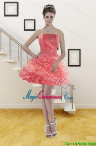 Discount Ruffles Watermelon Red Strapless 2015 Dama Gown with Beading