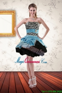 Discount Zebra Printed Strapless Dama Gown with Ruffles and Pick Ups