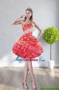 2015 Fashionable Strapless Watermelon Red Dama Dresses With Appliques and Ruffles