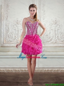 2015 Sweetheart Hot Pink Dama Dresses with Beading and Ruffles