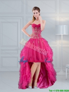 High Low Sweetheart Hot Pink 2015 Dama Dress with Embroidery and Beading