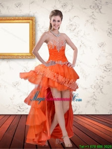 High Low Sweetheart Orange Dama Dresses with Ruffles and Beading