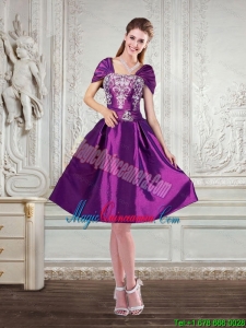 Purple Strapless Embroidery and Beaded Dama Dresses with Cap Sleeves
