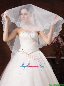 White Lace Appliques And Two-tier Organza Veil For Modest Wedding