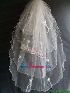 Hand Made Flowers And Beading Decorate Tulle Wedding Veil