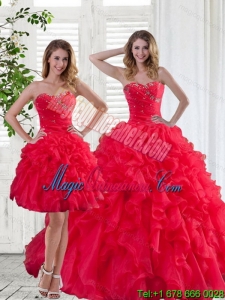 2015 Red Strapless Quinceanera Dress with Ruffles and Beading