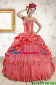 2015 Strapless Coral Red Quinceanera Dresses with Pick Ups and Beading
