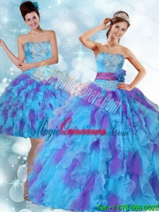 2015 Beading Strapless Multi Color Quinceanera Dresses with Ruffles and Sash