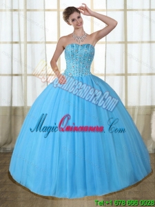 2015 Gorgeous Baby Blue Strapless Quinceanera Dress with Beading