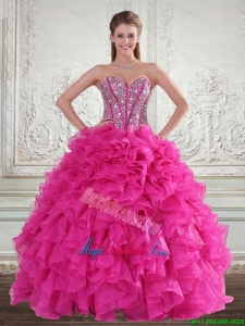Sweetheart Hot Pink 2015 Quinceanera Gown with Beading and Ruffles