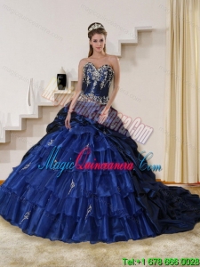 2015 Dramatic Embroidery and Beaded Strapless Quinceanera Dress in Navy Blue
