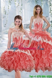 2015 Dramatic Strapless Appliques and Ruffles Quinceanera Dresses in Watermelon