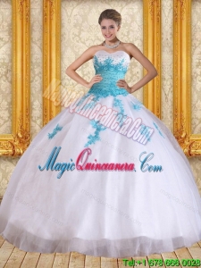 2015 Dramatic Sweetheart Floor Length Quinceanera Dress in White and Blue