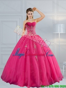 2015 Dramatic Sweetheart Hot Pink Quinceanera Dress with Appliques and Beading