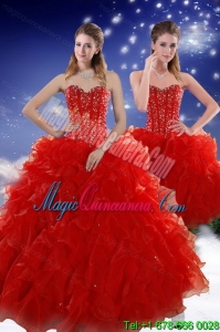 2015 Perfect Red Sweet 15 Dresses with Beading and Ruffles