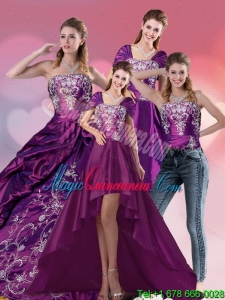 Dramatic Embroidery Strapless Quinceanera Dress in Purple for 2015