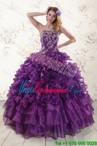 Dramatic Purple Strapless Appliques and Ruffles Quince Dresses for 2015