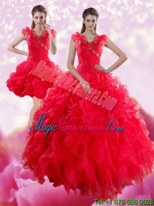Dramatic Red Sweetheart Dresses for Quince with Ruffles and Beading