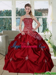 Wine Red Pretty Strapless 2015 Quinceanera Gown with Embroidery and Pick Ups