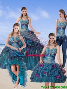 2015 Detachable Multi Color Quinceanera Gown with Hand Made Flower and Pick Ups