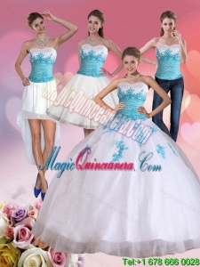 2015 Detachable Strapless Beading and Appliques Quinceanera Dress in White and Blue