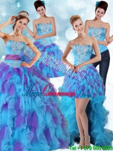 Detachable Multi Color Strapless Quinceanera Dress with Ruffles and Sash