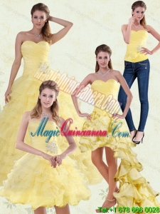 Detachable Yellow Beading and Ruffles Sweetheart Quinceanera Dress for 2015