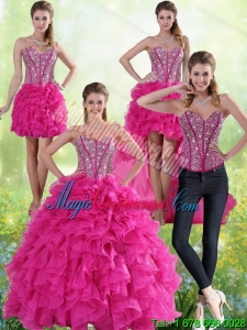 Hot Pink Sweetheart Detachable Quinceanera Gown with Beading and Ruffles