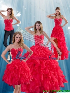 Red Strapless Detachable Quinceanera Dress with Ruffles and Beading