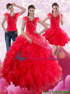 Detachable Red Sweetheart Quince Dresses with Ruffles and Beading for 2015