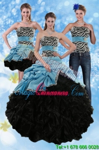 Detachable Zebra Print Strapless Multi Color Sweet 15 Dresses with Ruffles and Pick Ups