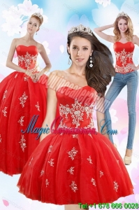 2015 Detachable Strapless Red Quince Dresses With Appliques