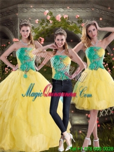 2015 Detachable Yellow and Green Quince Dresses with Ruching