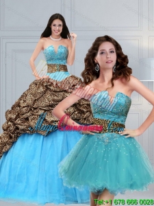 Fashion Leopard Printed Baby Blue Brush Train Beading Quinceanera Dress