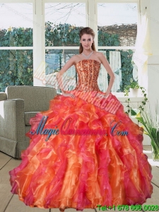 Fashion Multi Color Strapless Quince Dress with Beading and Ruffles