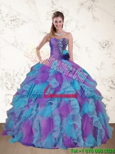 Fashion Strapless Beading and Ruffles Multi Color Sweet 15 Dress