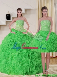 Fashion Strapless Spring Green Quince Dress with Beading and Ruffles