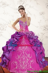 Fashion Sweep Train Multi Color Quince Dresses with Embroidery